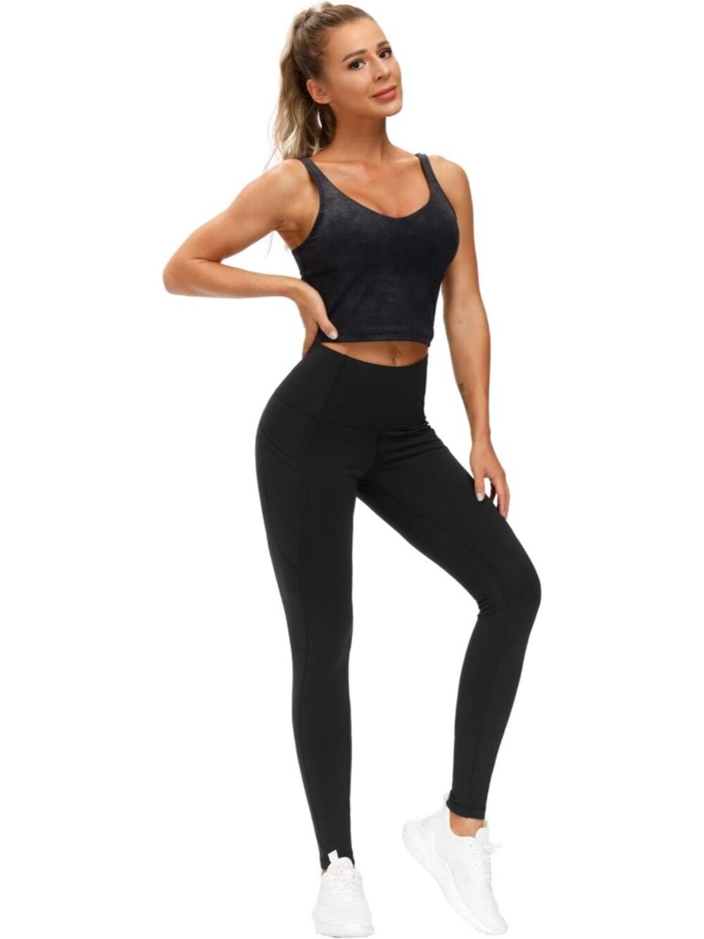 Women's Black Elastic Thick High Waist Tummy Control Workout Yoga Leggings - Picture 5 of 6